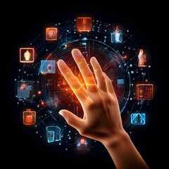 Futuristic Hand Surrounded by Virtual Tech Icons Interacting with a Holographic Digital Network Interface