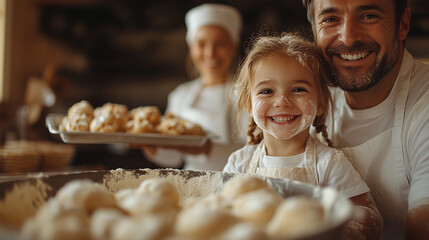 A joyful family baking together in a warm kitchen, creating delicious pastries and sharing smiles, embodying love and togetherness.
