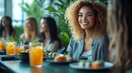A joyful woman dining with friends, enjoying vibrant drinks and dishes in a lively atmosphere filled with greenery.