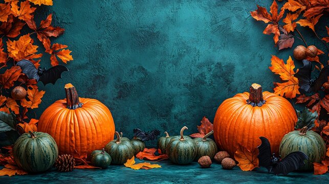 A vibrant flat lay of pumpkins and autumn leaves on a teal background, ideal for Thanksgiving and Halloween decor, invitations, or seasonal marketing.