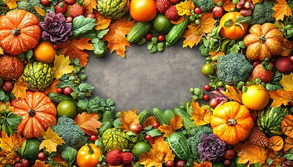 Vibrant autumn border design perfect for Thanksgiving and Halloween, featuring seasonal vegetables and leaves in warm, inviting colors. Ideal for festive invitations or decor.