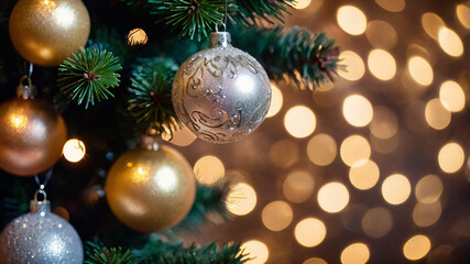 Obraz premium Christmas Tree With Baubles And Blurred Shiny Lights