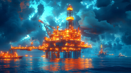 A vibrant offshore oil rig illuminated at night, surrounded by dramatic clouds and shimmering waters, showcasing industrial beauty.
