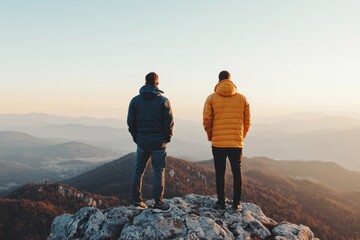 Fototapeta premium Two Friends Standing At A Mountain Summit, Taking In The Breathtaking View. The Sky Is Clear And The Sun Is Shining Brightly