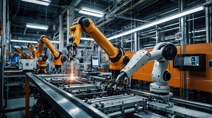 Smart industry robot arms for digital factory production technology showing automation manufacturing process of the Industry 4.0 or 4th industrial revolution and IOT software to control operation