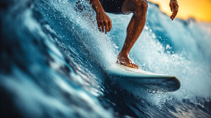 Dynamic surf scene capturing a surfer riding a powerful wave at sunset, showcasing skill and the beauty of ocean sports.