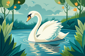 Obraz premium Elegant swan on a tranquil lake with sunset reflection in peaceful nature scene