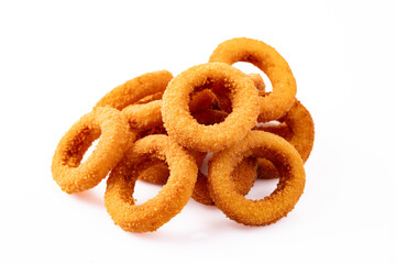 Fried onion rings with mozzarella or plain. Delicious onion rings on white background	