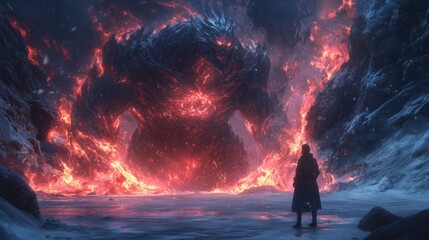 Fototapeta premium Epic Battle Between Mage and Titanic Monster in Fantasy Realm