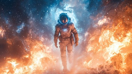 Obraz premium Astronaut Surrounded by Cosmic Nebula Flames