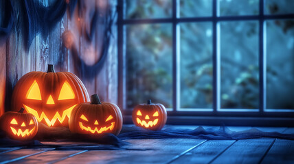Halloween pumpkins on a wooden floor near a window at night, spooky Halloween concept background