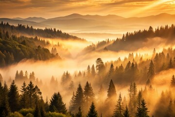 Obraz premium Forest stretches towards distant mountains under soft misty veil in warm beige tones.