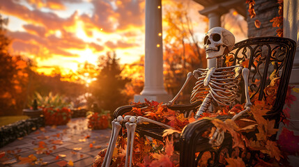 Skeleton Sitting in Autumn Leaves at Sunset