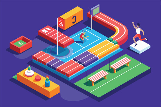 A colorful isometric illustration displays a detailed track and field setup with various athletic features, Customizable isometric illustration for track and field.