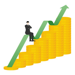 A successful leader businessman sitting confidently on a stack up of coins and green graph rising, Money, investment, wealth, financial growth, and strategic business decisions in competitive economy
