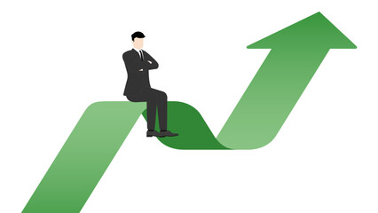 A successful leader visionary businessman sitting confidently on a green arrow rising. Concepts of money, investment, wealth, financial growth, and strategic business decisions in competitive economy