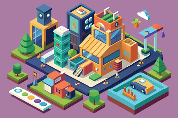 This artwork features an imaginative urban environment focused on innovative upcycling designs and sustainability, Customizable Isometric Illustration for Upcycling