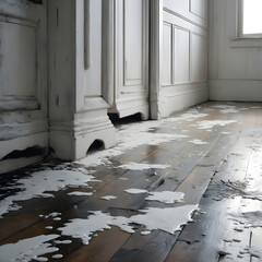 old abandoned building with white paint spilled on the floor