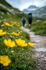 Obraz premium Hikers Following A Winding Path Through An Alpine Meadow, Dotted With Blooming Flowers. The Air Is Fresh And Cool