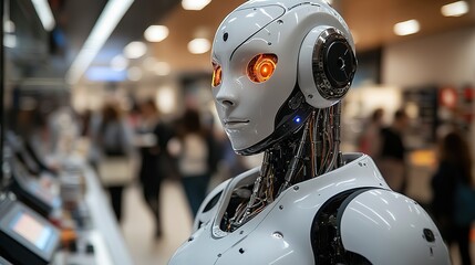Fototapeta premium A female humanoid AI robot in a science lab represents advancements in robotics and artificial intelligence.