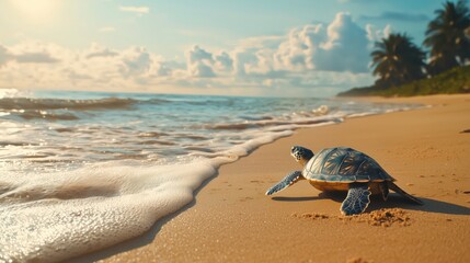 Solitary Turtle on a Serene Beach at Sunset