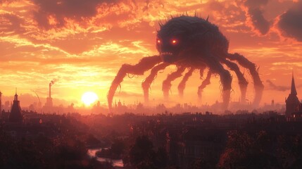 Massive Alien Beast Overlooking Cityscape at Dusk