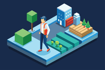 A person walks through an urban setting featuring trees, buildings, and green elements in a colorful illustration, Customizable Isometric Illustration for Walking