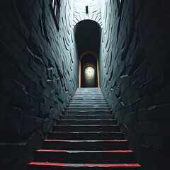 high stone staircase with light at the end
