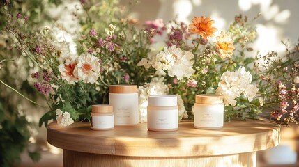 Fototapeta premium Skincare packaging on a natural wooden stand, surrounded by fresh flowers