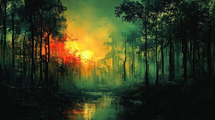 A fusion of nature and technology is depicted in a pixelated forest, merging organic and digital elements in an abstract representation.