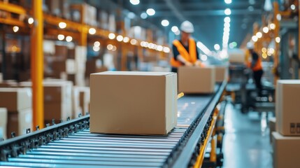 Workers packing boxes on conveyor belt in warehouse