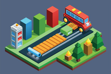 Naklejka premium A vibrant isometric illustration shows various vehicles loading on a path surrounded by trees and buildings, Customizable Isometric Illustration Loading