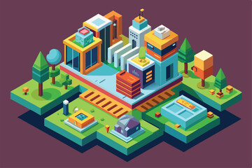 A colorful isometric cityscape features modern buildings, greenery, and customizable elements for design, Customizable isometric illustration manipulation.