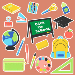 School stationery  stickers set  in flat stile Vector illustration. Back to shool