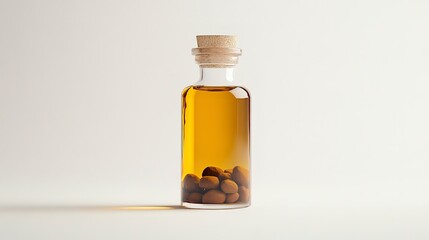 bottle of argan oil on plain white background  