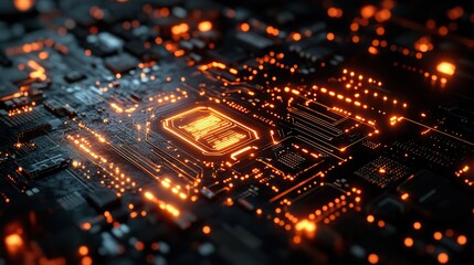 Obraz premium A futuristic circuit board illustration, combining various technology elements to create a digital abstract design.