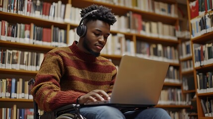 Portrait of young African-American man in wheelchair in headphones with laptop at college library
