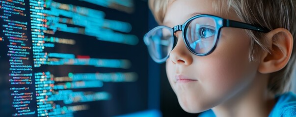 A young boy wearing glasses, focused on coding or programming on a computer screen. Bright digital code reflects his curiosity.
