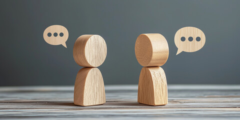 Two wooden figures engaged in a conversation with speech bubbles on a dark gray background, symbolizing dialogue and interaction with a minimalist aesthetic.