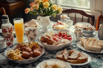 Breakfast table with assorted foods and drink