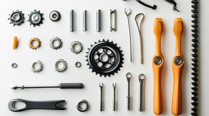 bicycle parts and tools on white background 