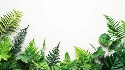 Beautiful composition with fern and other tropical leaves on white background. Banner design 