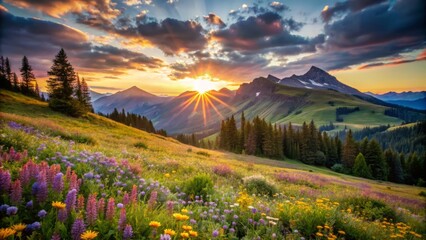 Silent mountainside meadows stretch towards a radiant sky, dotted with wildflowers.