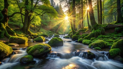 Sun-dappled waters flow gently past moss-covered boulders and ancient trees.