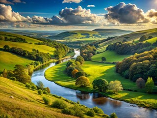 Fototapeta premium Valley stretches towards the horizon, bounded by rolling hills, as the river's tranquil flow creates a sense of serenity.