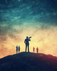 Fototapeta premium silhouette of business team looking at the horizon with a telescope on a mountaintop at sunset