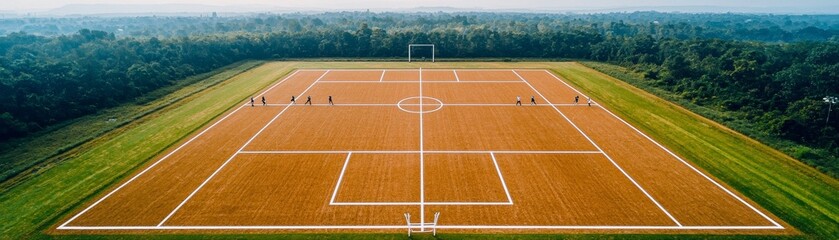 Aerial view of a clay tennis court with green grass surrounding it.