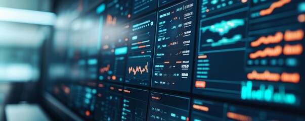 Obraz premium Close-up view of digital data displays with graphs and metrics for financial analysis and monitoring.