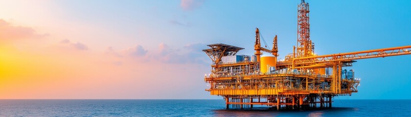 Oil rig platform at sea under a colorful sunset sky.