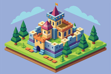 A detailed, customizable isometric illustration of a colorful castle set amidst green hills and trees, Customizable isometric illustration of a castle.